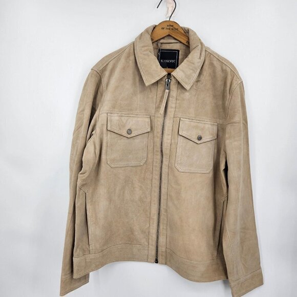 New BlankNYC Win or Lose Suede Trucker Jacket Mens M Tan Leather Zip Front - Picture 2 of 11